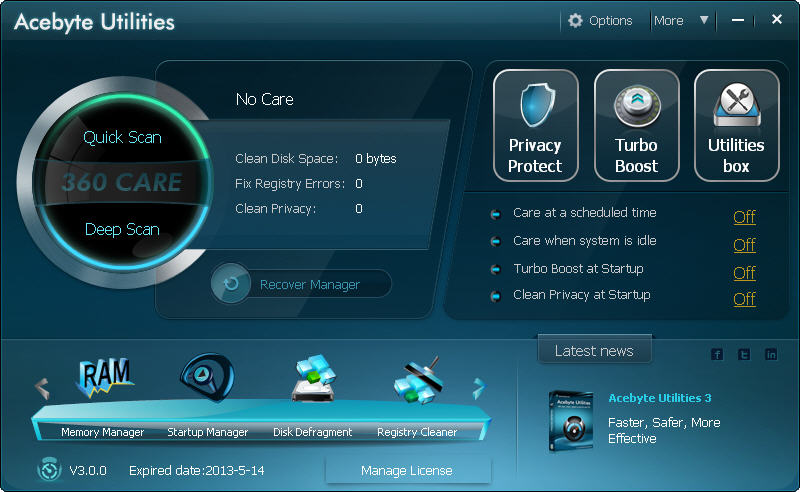 main interface of acebyte utilities